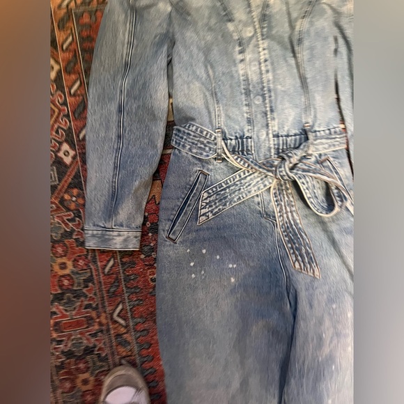 Express Puff Sleeve Tie Waist Medium Wash Denim Jumpsuit - Picture 4 of 8